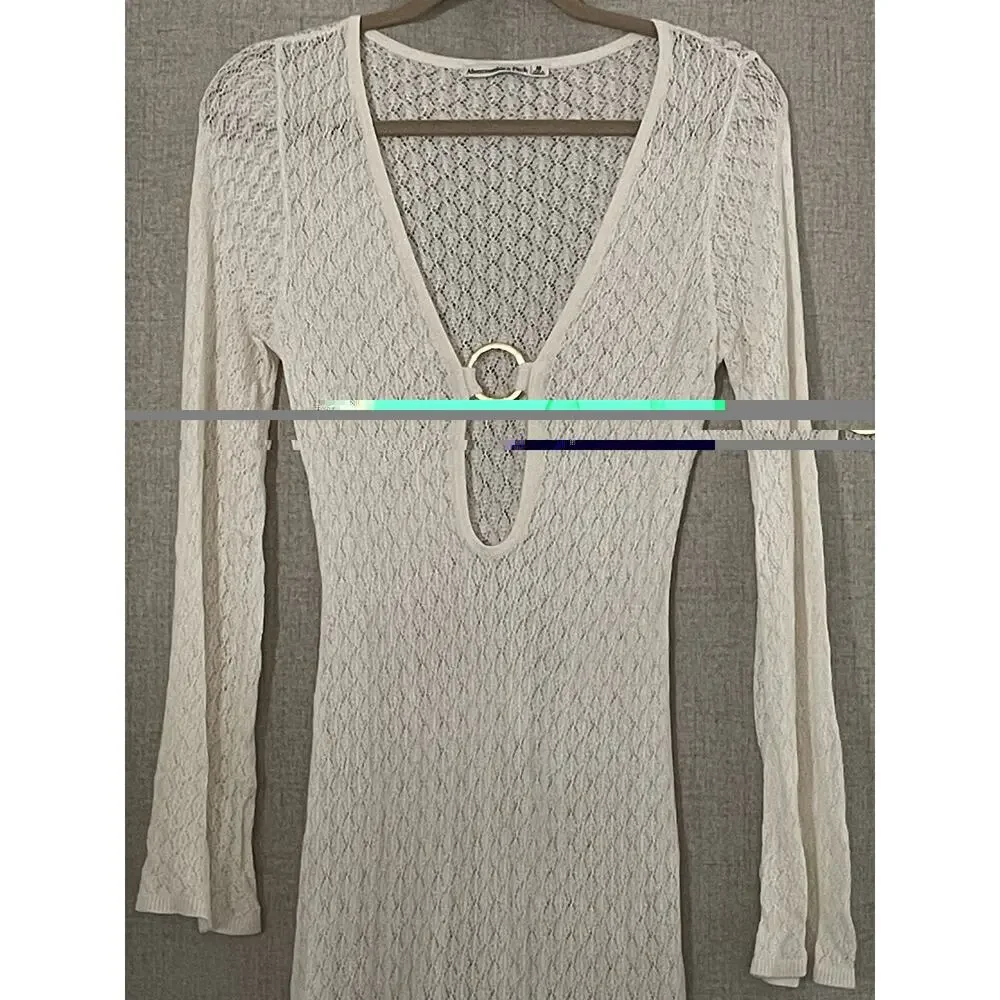 Abercrombie & Fitch Women's Cream Crochet-Style Plunge Maxi Dress Coverup